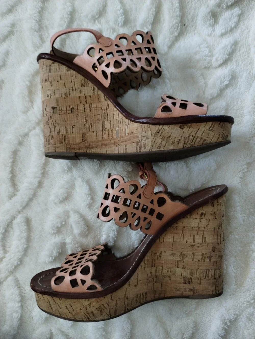 Tory Burch Nori Wedge Tan Laser-Cut Leather Sandals
